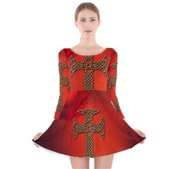Wonderful Celtic Cross On Vintage Background Long Sleeve Velvet Skater Dress by FantasyWorld7