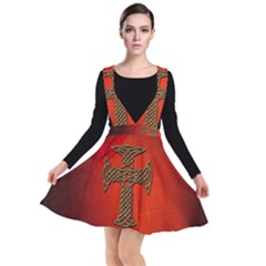 Wonderful Celtic Cross On Vintage Background Plunge Pinafore Dress by FantasyWorld7