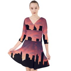 Skyline Panoramic City Architecture Quarter Sleeve Front Wrap Dress by Sudhe