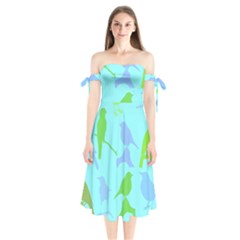 Bird Watching - Light Blue Green- Shoulder Tie Bardot Midi Dress by WensdaiAmbrose