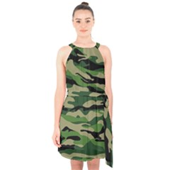 Green Military Vector Pattern Texture Halter Collar Waist Tie Chiffon Dress by Sudhe