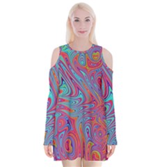Fractal Bright Fantasy Design Velvet Long Sleeve Shoulder Cutout Dress by Sudhe