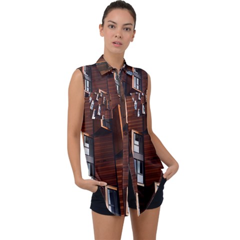 Abstract Architecture Building Business Sleeveless Chiffon Button Shirt by Sudhe