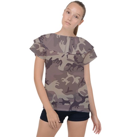 Camo Light Brown Ruffle Collar Chiffon Blouse by retrotoomoderndesigns