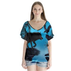 Awesome Black Wolf With Crow And Spider V-neck Flutter Sleeve Top by FantasyWorld7