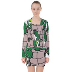 Amphibian Animal Cartoon Reptile V-neck Bodycon Long Sleeve Dress by Sudhe