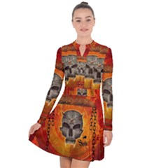 Awesome Skull With Celtic Knot With Fire On The Background Long Sleeve Panel Dress by FantasyWorld7