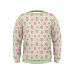 Roses Flowers Pink And Pastel Lime Green Pattern With Retro Dots Kids  Sweatshirt by genx