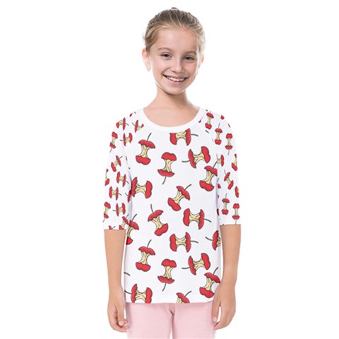 Red Apple Core Funny Retro Pattern Half On White Background Kids  Quarter Sleeve Raglan Tee by genx