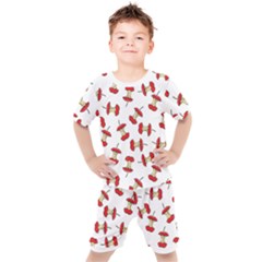 Red Apple Core Funny Retro Pattern Half On White Background Kids  Tee And Shorts Set by genx