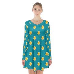 Toast With Cheese Funny Retro Pattern Turquoise Green Background Long Sleeve Velvet V-neck Dress by genx