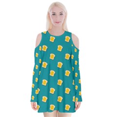 Toast With Cheese Funny Retro Pattern Turquoise Green Background Velvet Long Sleeve Shoulder Cutout Dress by genx