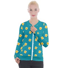 Toast With Cheese Funny Retro Pattern Turquoise Green Background Casual Zip Up Jacket by genx