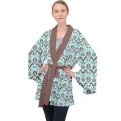 Easter Damask Pattern Robins Egg Blue And Brown Velvet Kimono Robe by emilyzragz