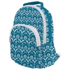 Easter Damask Pattern Deep Teal Blue And White Rounded Multi Pocket Backpack by emilyzragz