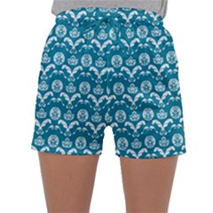 Easter Damask Pattern Deep Teal Blue And White Sleepwear Shorts by emilyzragz