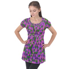 Retro Pink Purple Geometric Pattern Puff Sleeve Tunic Top by snowwhitegirl