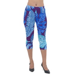 Tropical Blue Leaves Lightweight Velour Capri Leggings  by snowwhitegirl