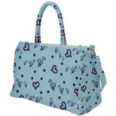 Duck Family Blue Pink Hearts Pattern Duffel Travel Bag by snowwhitegirl