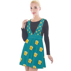 Toast With Cheese Pattern Turquoise Green Background Retro Funny Food Plunge Pinafore Velour Dress by genx