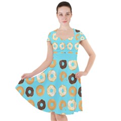 Donuts Pattern With Bites Bright Pastel Blue And Brown Cap Sleeve Midi Dress by genx