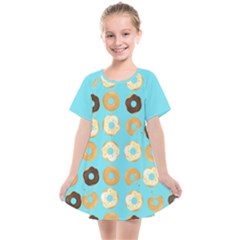 Donuts Pattern With Bites Bright Pastel Blue And Brown Kids  Smock Dress by genx
