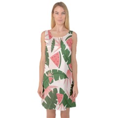 Tropical Watermelon Leaves Pink And Green Jungle Leaves Retro Hawaiian Style Sleeveless Satin Nightdress by genx