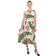 Tropical Watermelon Leaves Pink And Green Jungle Leaves Retro Hawaiian Style Midi Tie-back Chiffon Dress by genx