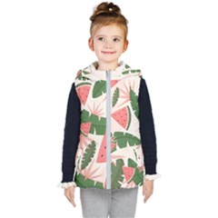 Tropical Watermelon Leaves Pink And Green Jungle Leaves Retro Hawaiian Style Kids  Hooded Puffer Vest by genx