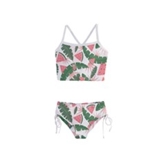 Tropical Watermelon Leaves Pink And Green Jungle Leaves Retro Hawaiian Style Girls  Tankini Swimsuit by genx