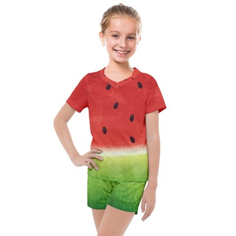 Juicy Paint Texture Watermelon Red And Green Watercolor Kids  Mesh Tee And Shorts Set by genx