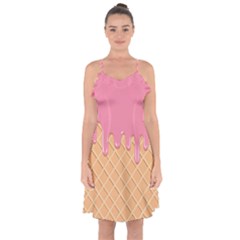 Ice Cream Pink Melting Background With Beige Cone Ruffle Detail Chiffon Dress by genx