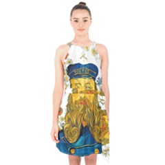 Vincent Van Gogh Cartoon Beard Illustration Bearde Halter Collar Waist Tie Chiffon Dress by Sudhe