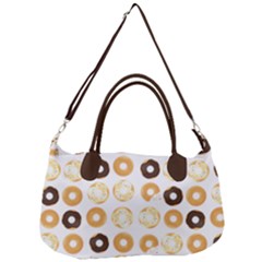 Donuts Pattern With Bites Bright Pastel Blue And Brown Cropped Sweatshirt Removal Strap Handbag by genx