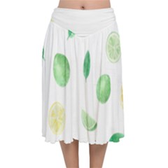 Lemon And Limes Yellow Green Watercolor Fruits With Citrus Leaves Pattern Velvet Flared Midi Skirt by genx