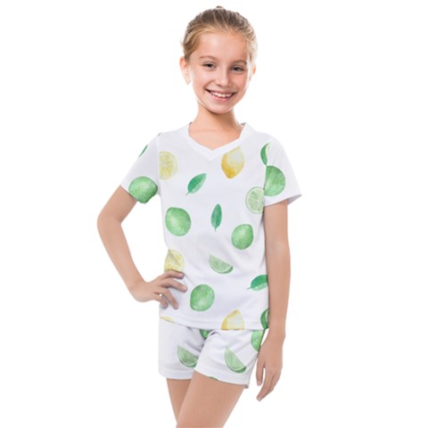 Lemon And Limes Yellow Green Watercolor Fruits With Citrus Leaves Pattern Kids  Mesh Tee And Shorts Set by genx