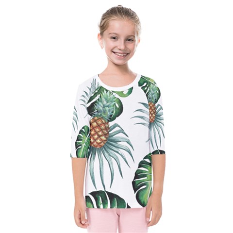 Pineapple Tropical Jungle Giant Green Leaf Watercolor Pattern Kids  Quarter Sleeve Raglan Tee by genx