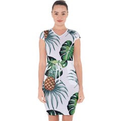 Pineapple Tropical Jungle Giant Green Leaf Watercolor Pattern Capsleeve Drawstring Dress  by genx