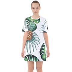 Pineapple Tropical Jungle Giant Green Leaf Watercolor Pattern Sixties Short Sleeve Mini Dress by genx