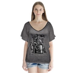 Odin On His Throne With Ravens Wolf On Black Stone Texture V-neck Flutter Sleeve Top by snek