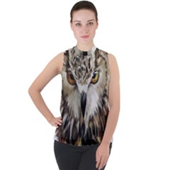 Vector Hand Painted Owl Mock Neck Chiffon Sleeveless Top by Sudhe