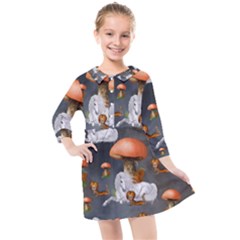 Cute Little Fairy With Unicorn, Pattern Design Kids  Quarter Sleeve Shirt Dress by FantasyWorld7