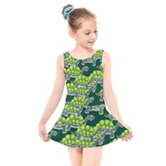 Seamless Turtle Green Kids  Skater Dress Swimsuit by HermanTelo