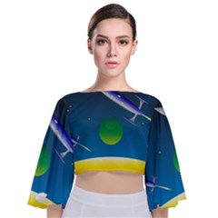 Rocket Spaceship Space Tie Back Butterfly Sleeve Chiffon Top by HermanTelo