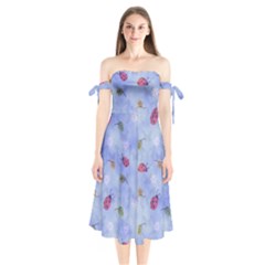 Ladybug Blue Nature Shoulder Tie Bardot Midi Dress by HermanTelo