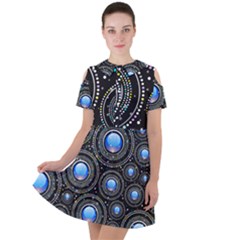 Abstract Glossy Blue Short Sleeve Shoulder Cut Out Dress  by HermanTelo