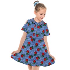 Blue Denim And Roses Kids  Short Sleeve Shirt Dress by snowwhitegirl