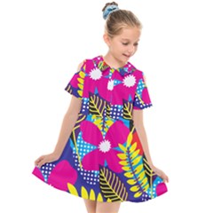 Pattern Leaf Polka Rainbow Kids  Short Sleeve Shirt Dress by HermanTelo