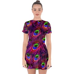 Peacock Feathers Color Plumage Drop Hem Mini Chiffon Dress by HermanTelo