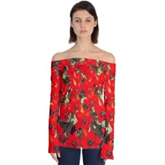 Columbus Commons Red Tulips Off Shoulder Long Sleeve Top by Riverwoman